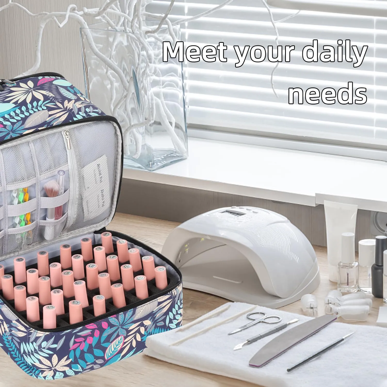 Portable Nail Polish Storage Bag with UV Light Case - Holds 30 Bottles and 1 UV LED Nail Lamp, Double-Layers Nail Dryer Case for Gel Nail Polish Kit, Nail Art Decorations （Leaves）
