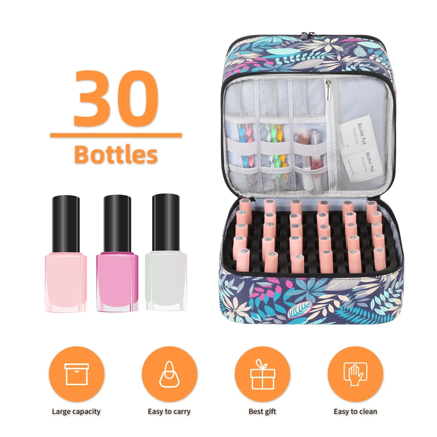 Portable Nail Polish Storage Bag with UV Light Case - Holds 30 Bottles and 1 UV LED Nail Lamp, Double-Layers Nail Dryer Case for Gel Nail Polish Kit, Nail Art Decorations （Leaves）