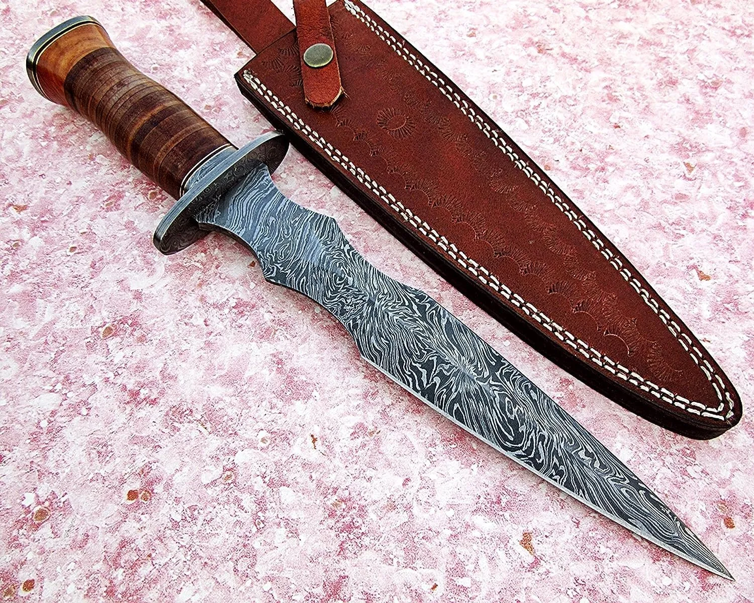 Poshland DG-71 Handmade Damscus steel leather handle Knife - Double Edge