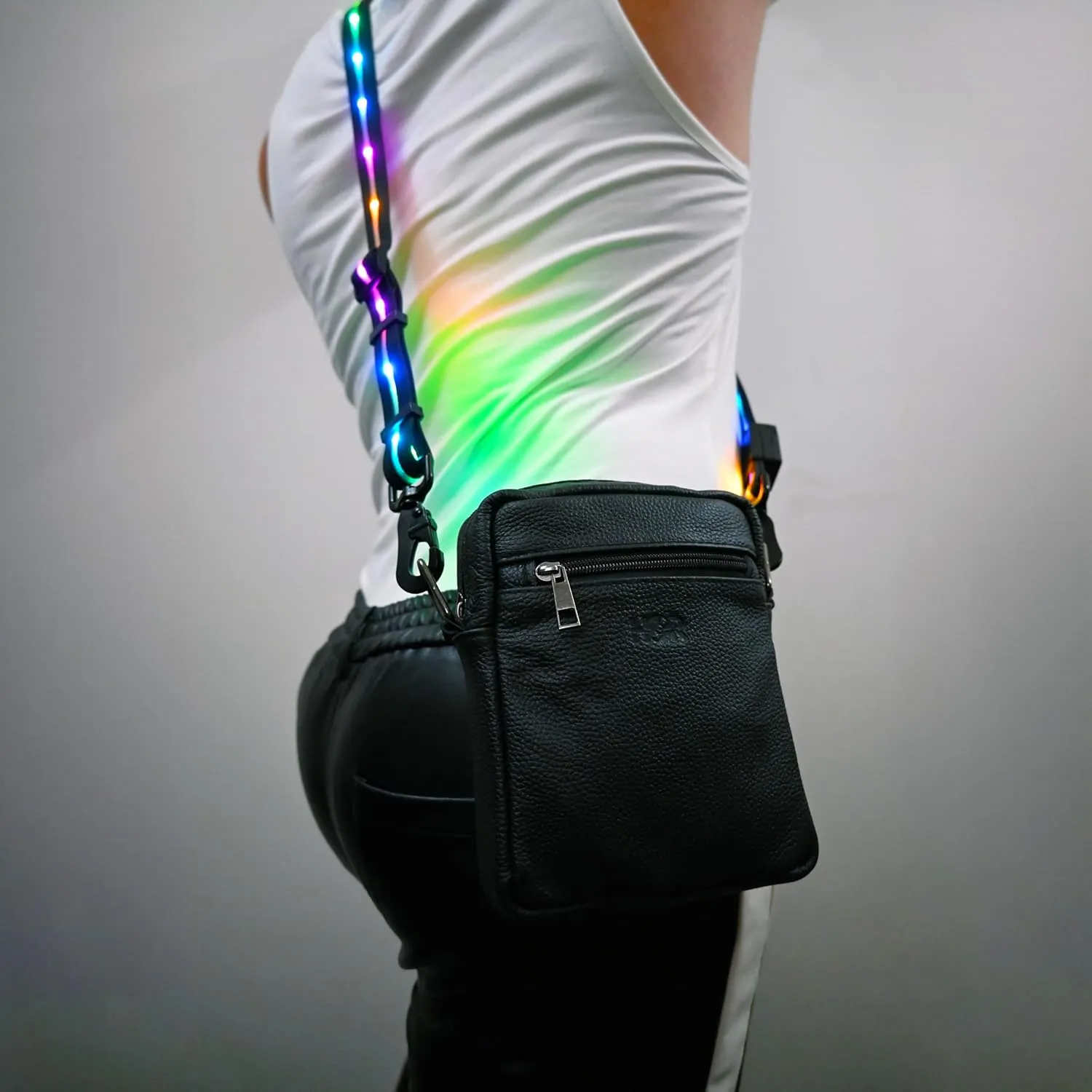 Premium Leather LED Strap Bag - LED Crossbody or Fannypack LED Bag - Light up Festival Bag for Women & Men - LED Rave Bag, Black