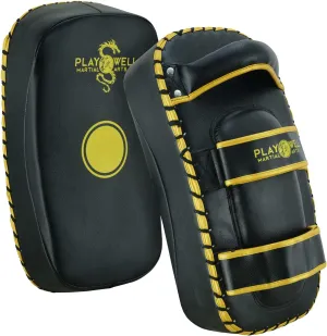 Premium Range: Rexine Leather Curved Muay Thai Kick Pads - Black/Gold (Sold As singles)