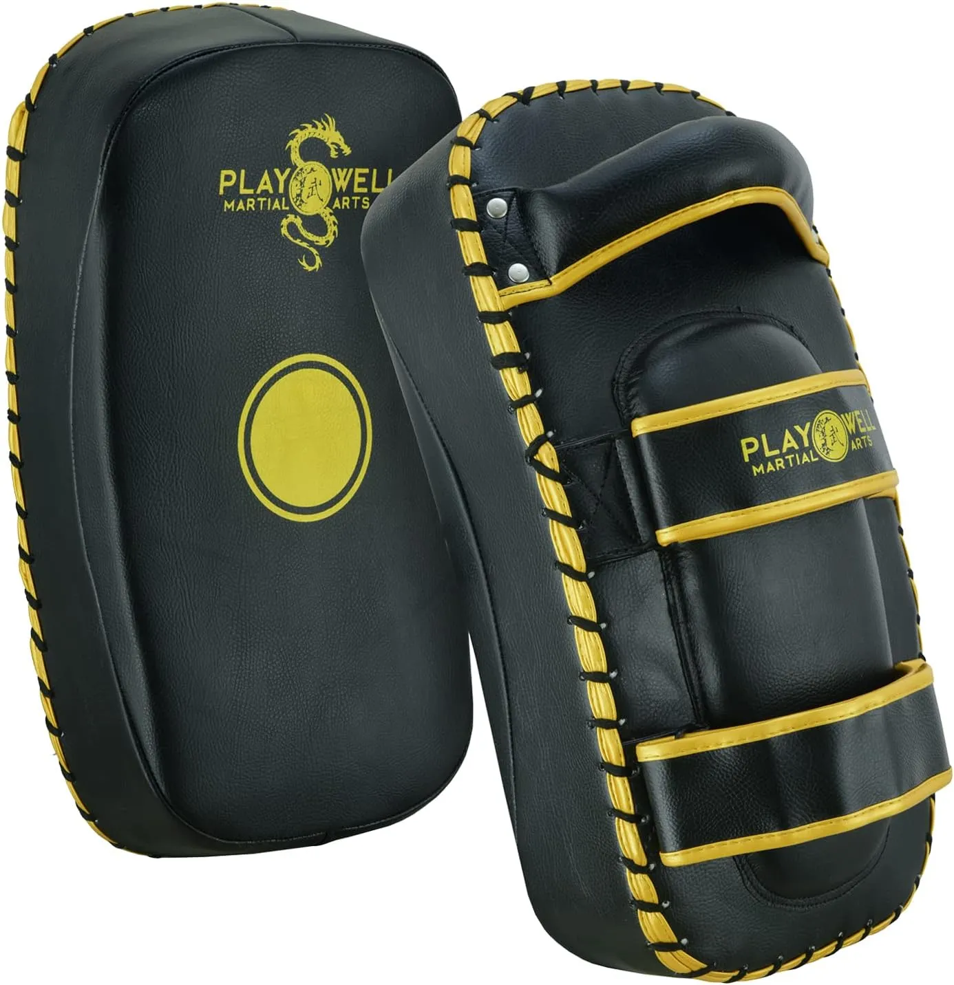 Premium Range: Rexine Leather Curved Muay Thai Kick Pads - Black/Gold (Sold As singles)