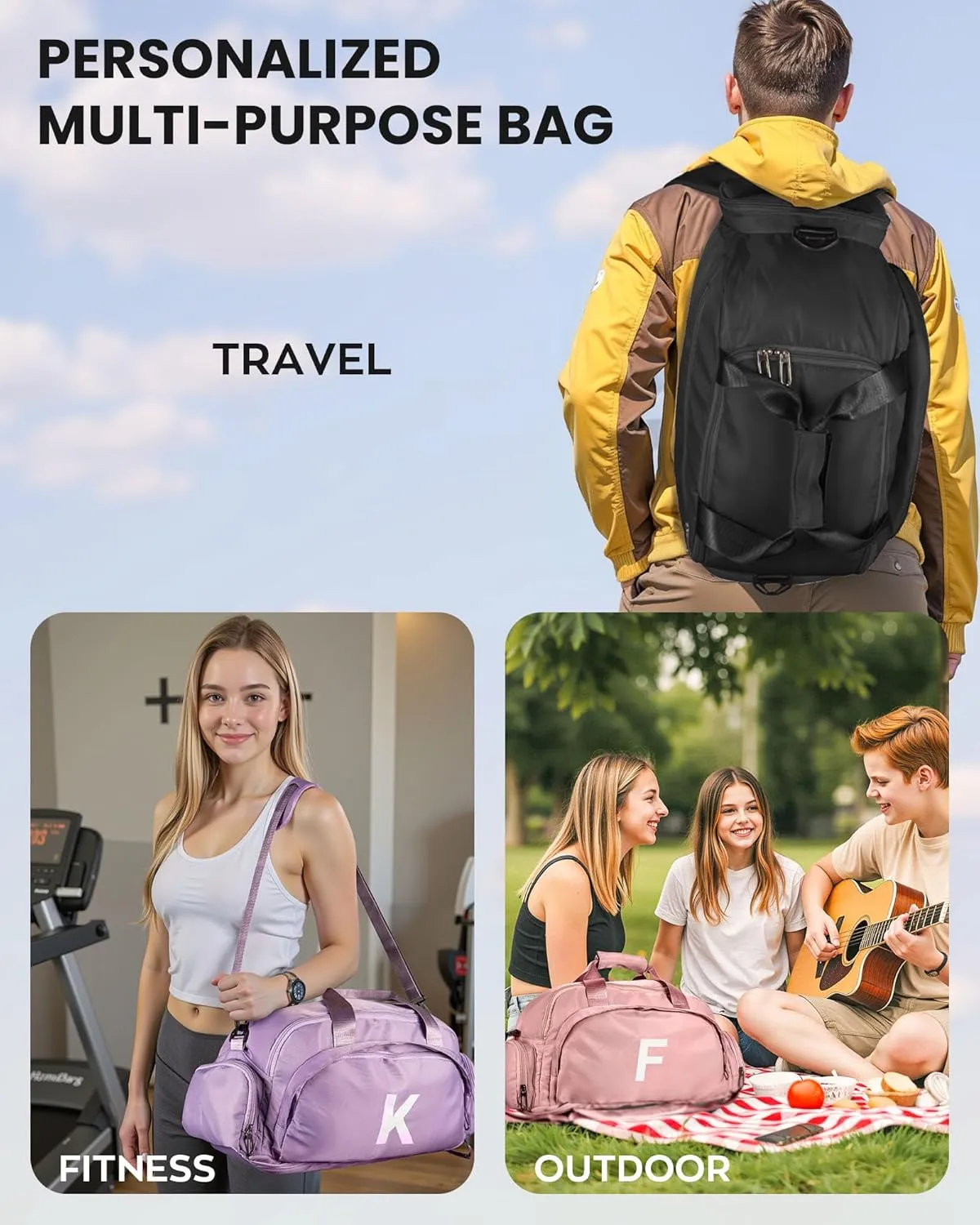 Preppy Gifts, Initial Gym Bags with Shoe Compartment, Personalized Girl Duffel Bag, Monogram Kid Overnight Bags, Teen Weekend Bag-Cute Trendy Stylish Stuff for Bestie (Letter M)