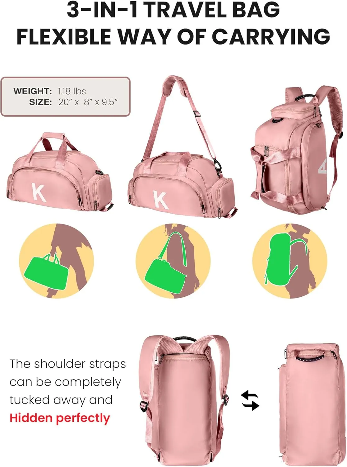 Preppy Gifts, Initial Gym Bags with Shoe Compartment, Personalized Girl Duffel Bag, Monogram Kid Overnight Bags, Teen Weekend Bag-Cute Trendy Stylish Stuff for Bestie (Letter M)