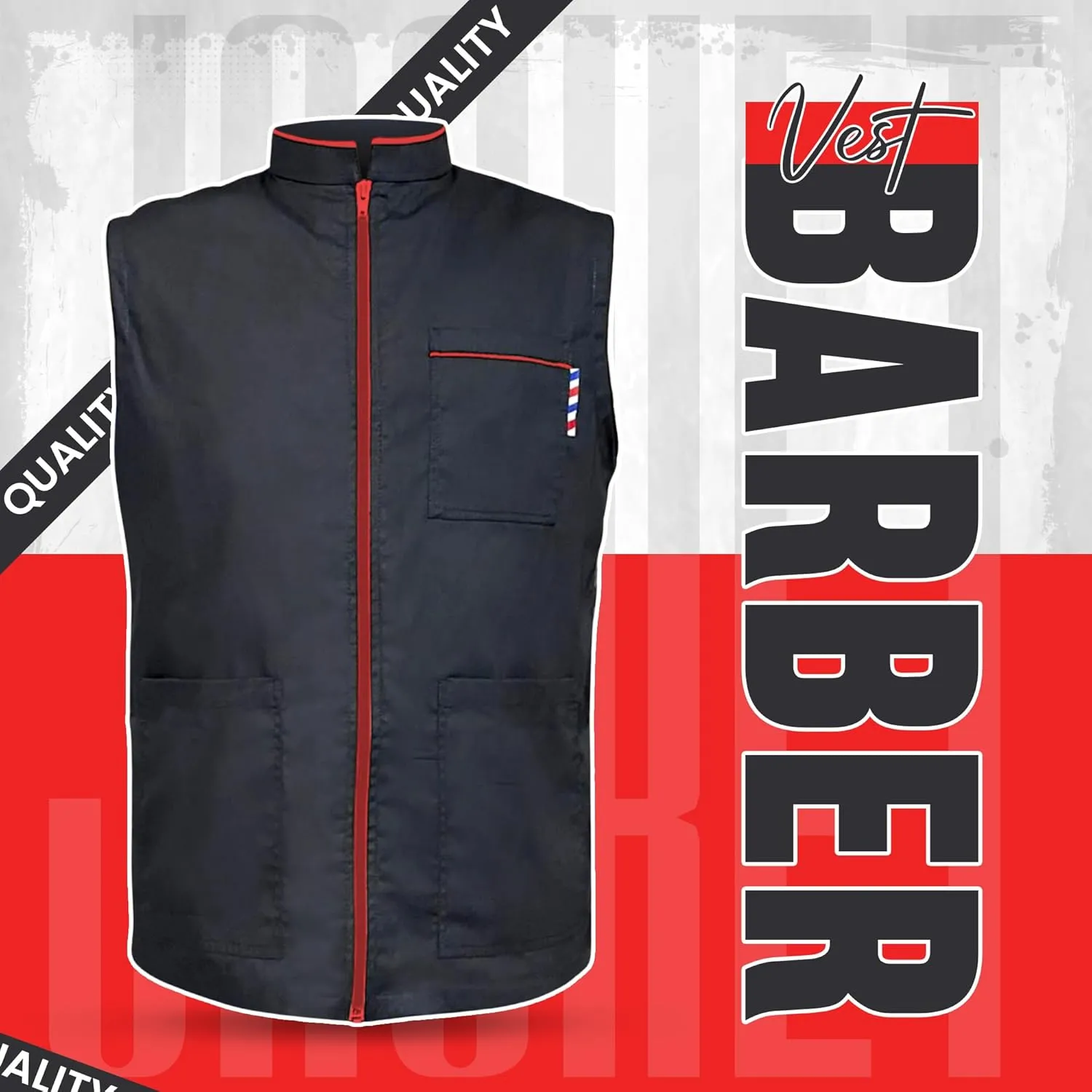 Professional Barber New Shirt Jacket Men's Black Sleeveless and Features 2 Pockets for Barber Tools And One Way Zipper