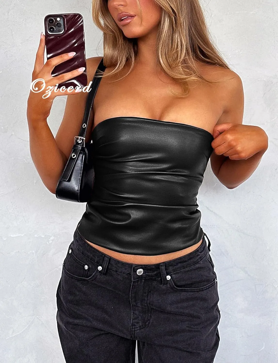 PU Faux Leather Tube Top Strapless Going Out Tops for Women Sexy Club Top Rave Concert Outfit Ruched Bandeau Crop Top