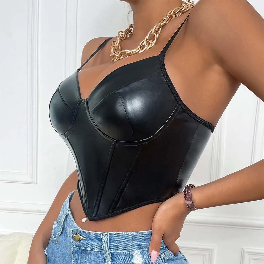 PU Leather Corset Top Straps Bustier Sleeveless Corset Tops V Neck Sexy Crop Top for Women