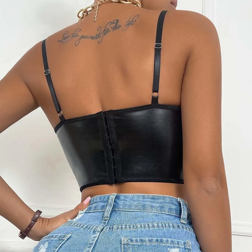 PU Leather Corset Top Straps Bustier Sleeveless Corset Tops V Neck Sexy Crop Top for Women