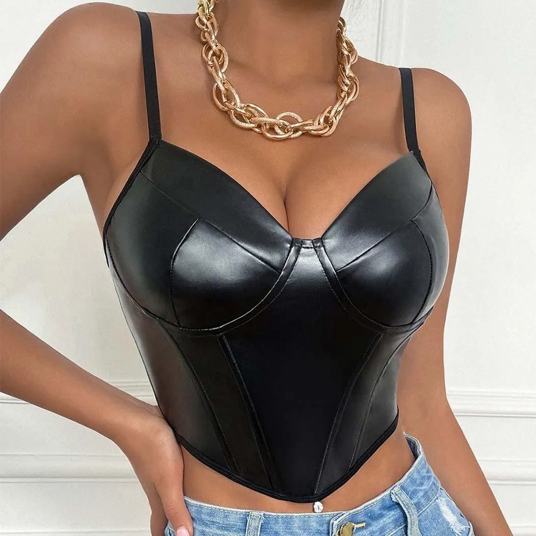 PU Leather Corset Top Straps Bustier Sleeveless Corset Tops V Neck Sexy Crop Top for Women