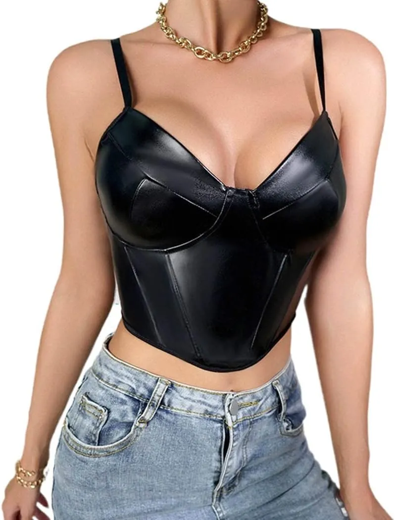 PU Leather Corset Top Straps Bustier Sleeveless Corset Tops V Neck Sexy Crop Top for Women