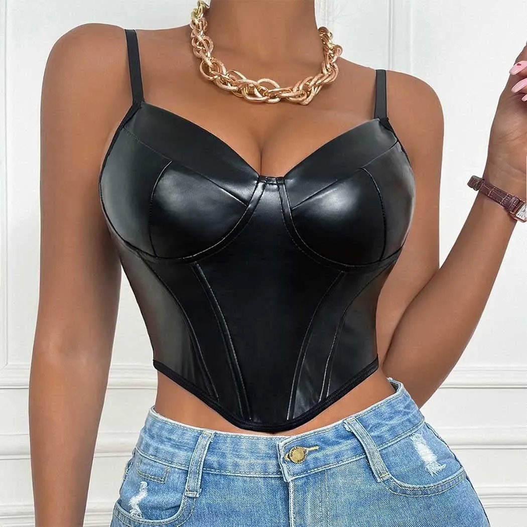 PU Leather Corset Top Straps Bustier Sleeveless Corset Tops V Neck Sexy Crop Top for Women
