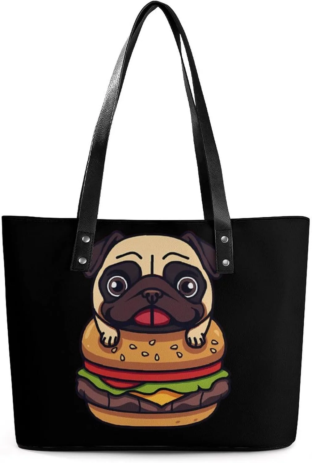 Pug Dog Hamburger Women's Tote Shoulder Bag Handbag Top Handle Leather 29 * 34 * 14cm