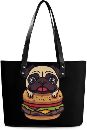 Pug Dog Hamburger Women's Tote Shoulder Bag Handbag Top Handle Leather 29 * 34 * 14cm