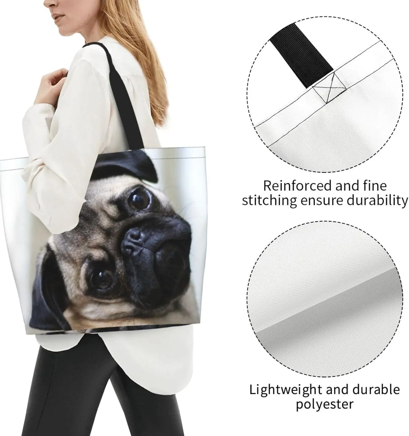 Pug Dog Tote Bag Shopping Bag Portable Handbags Tote Shoulder Bucket Bags for Women