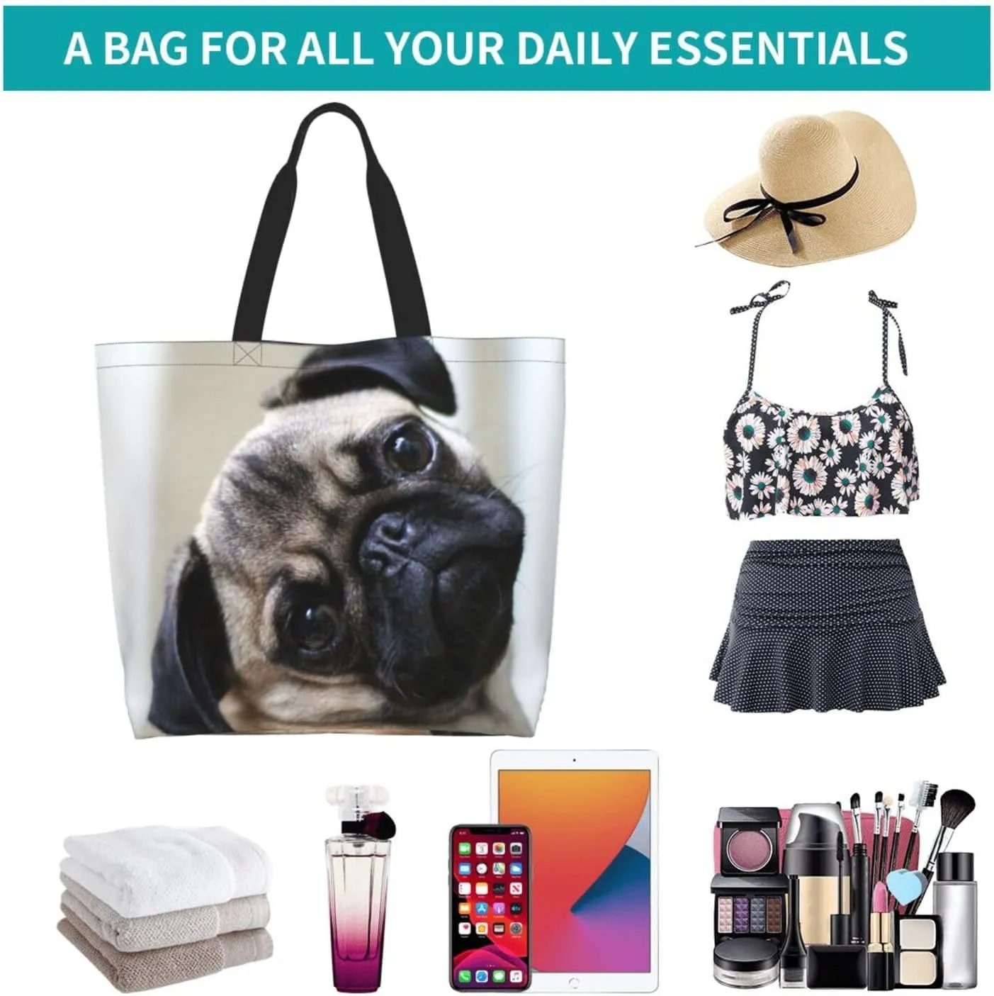 Pug Dog Tote Bag Shopping Bag Portable Handbags Tote Shoulder Bucket Bags for Women