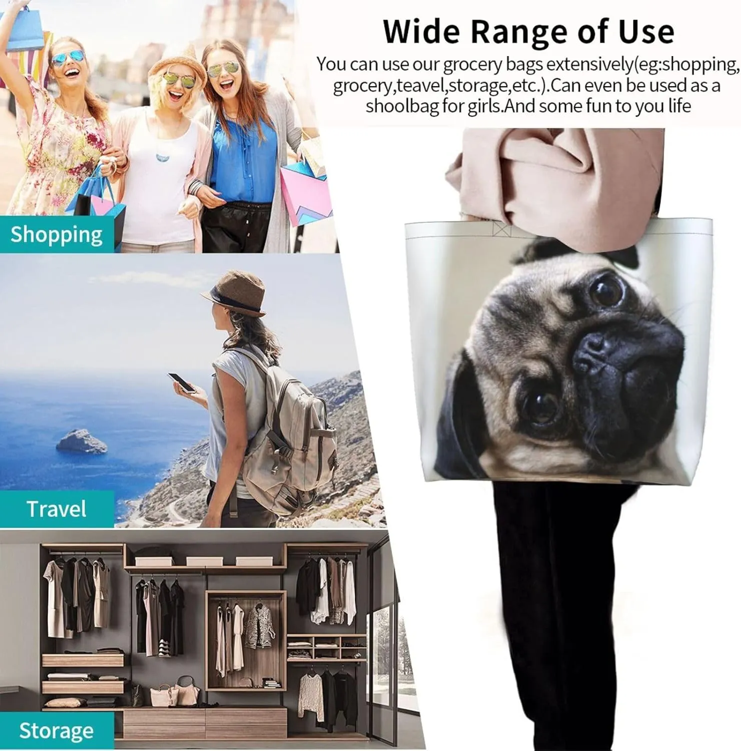 Pug Dog Tote Bag Shopping Bag Portable Handbags Tote Shoulder Bucket Bags for Women