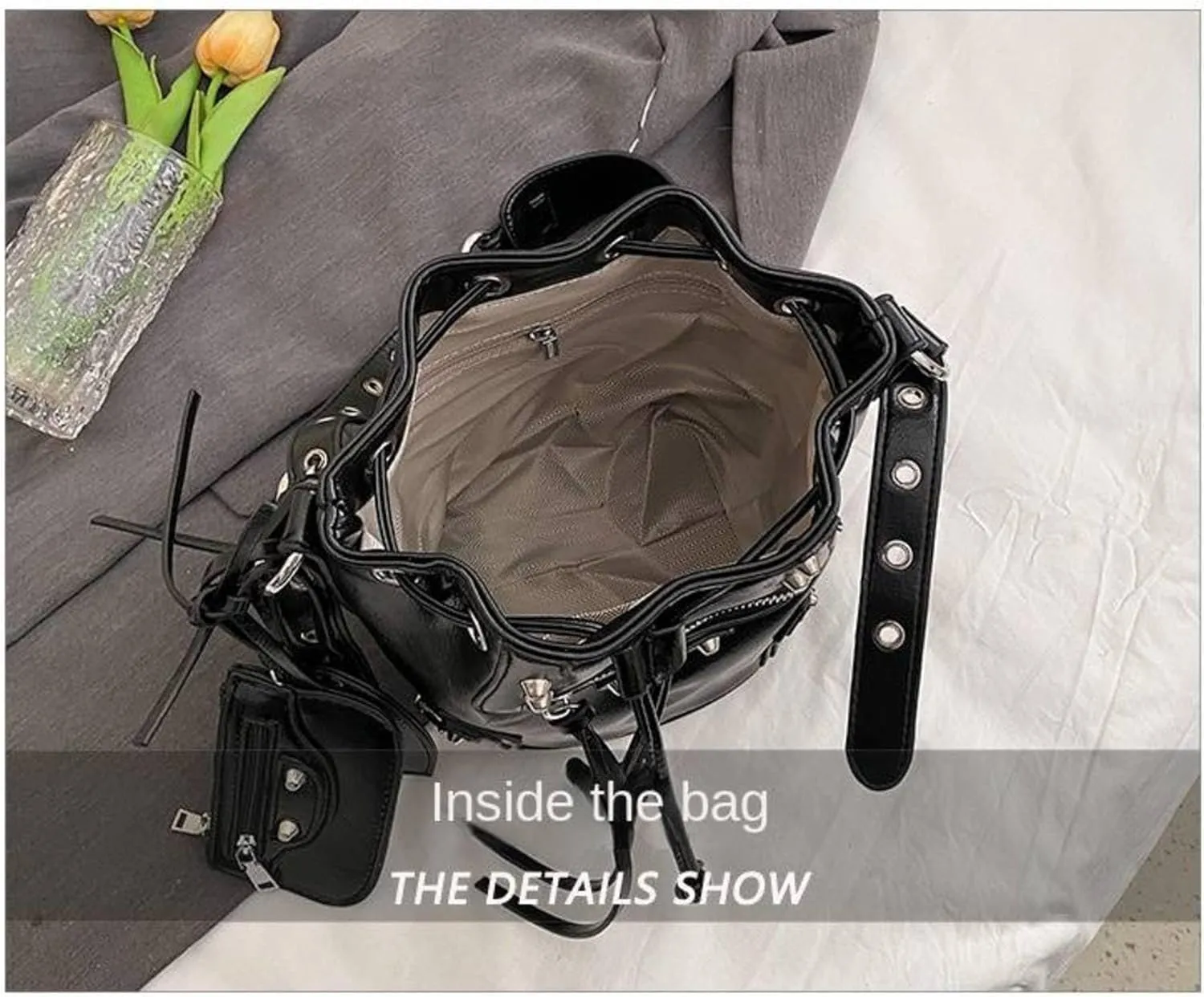 Punk Style Design Bucket PU Leather Crossbody Bag Rivet Motorcycle Shoulder Purses And Handbags Bolsa Feminina