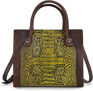 Purse and Handbag For Women Leather Shoulder Bag Top Handle Tote Bag Crossbody Bags Medium Satchel Vintage Yellow Green Embossing Pattern (Coffee)