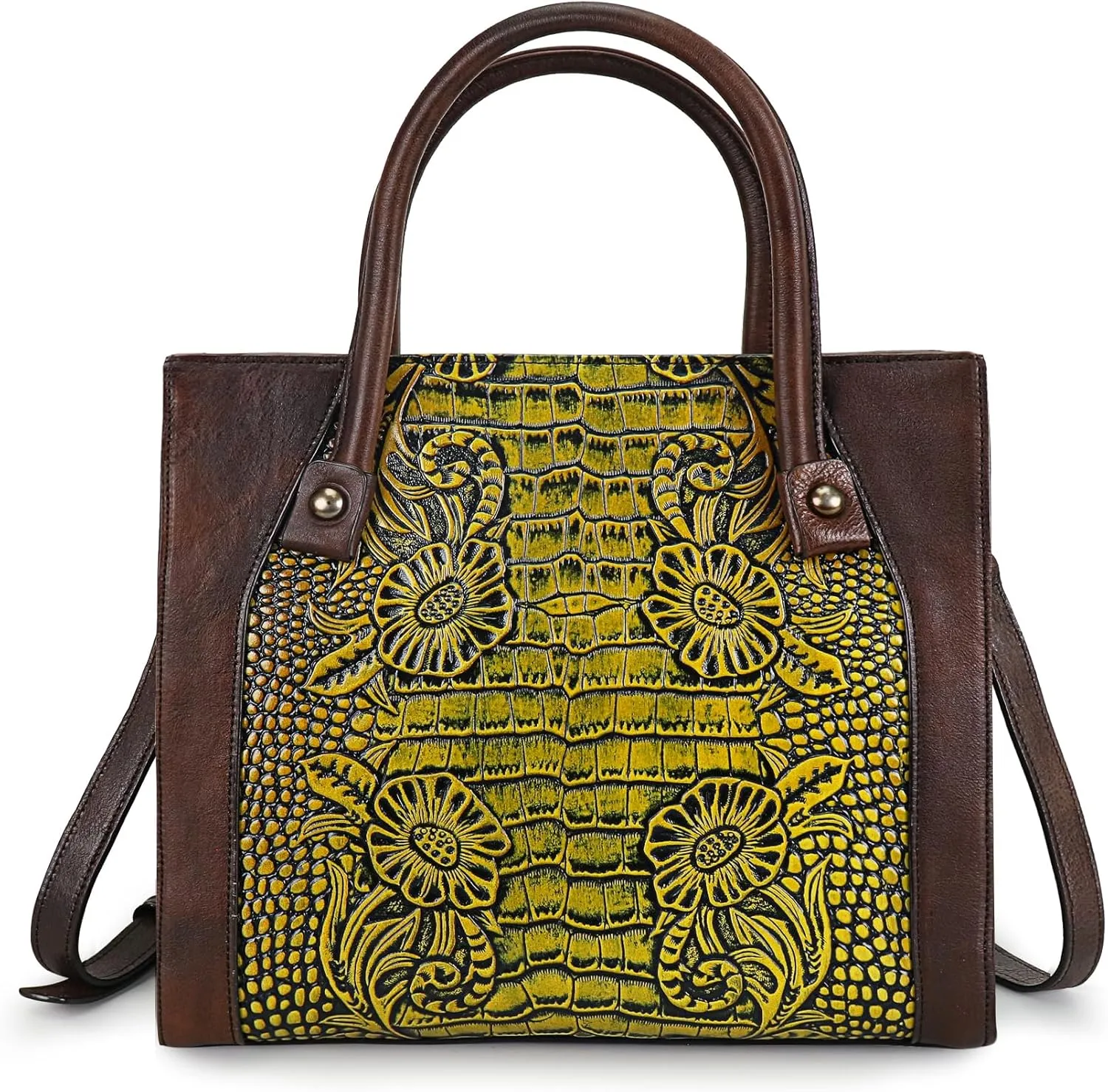 Purse and Handbag For Women Leather Shoulder Bag Top Handle Tote Bag Crossbody Bags Medium Satchel Vintage Yellow Green Embossing Pattern (Coffee)