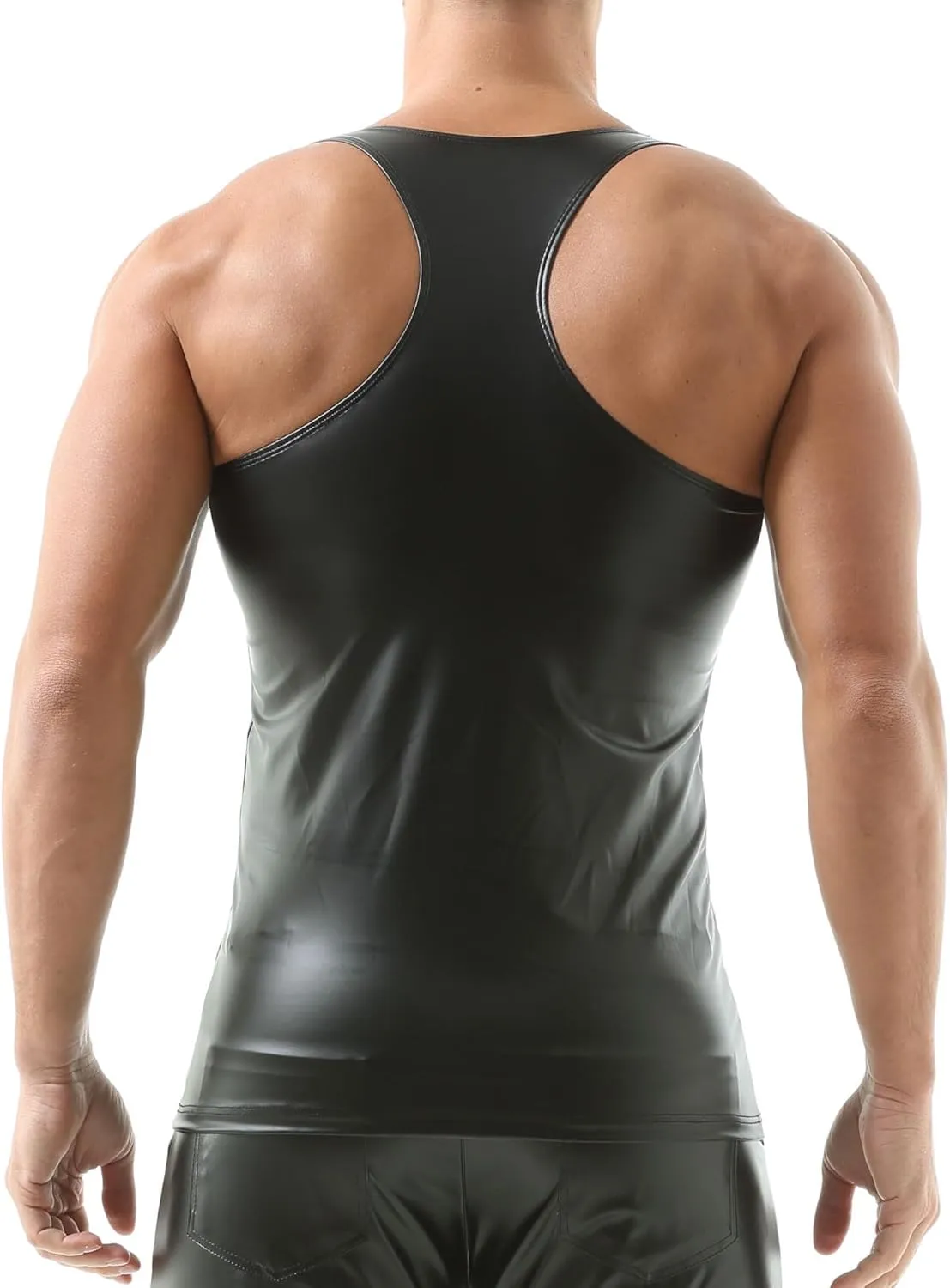 QiaTi Men's Faux Leather Undershirt Slim Fit Sleeveless Tank Top Nightclub Party Round Neck Shirts Muscle Top T-Shirts