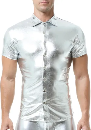 QiaTi Men's Faux Leather Undershirt Slim Fit Sleeveless Tank Top Nightclub Party Round Neck Shirts Muscle Top T-Shirts
