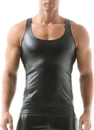 QiaTi Men's Faux Leather Undershirt Slim Fit Sleeveless Tank Top Nightclub Party Round Neck Shirts Muscle Top T-Shirts