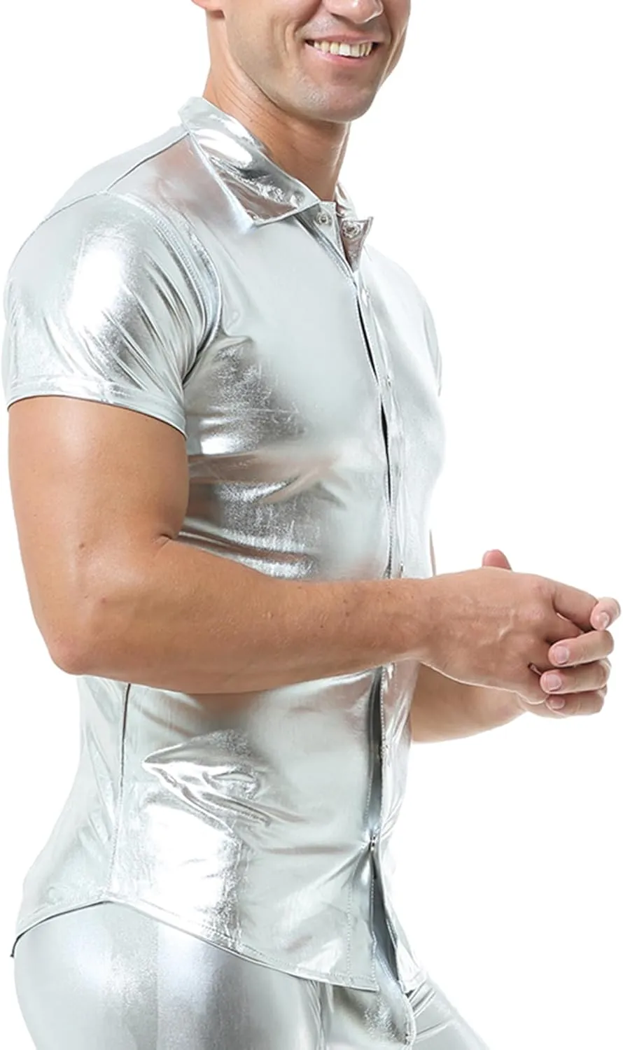 QiaTi Men's Faux Leather Undershirt Slim Fit Sleeveless Tank Top Nightclub Party Round Neck Shirts Muscle Top T-Shirts