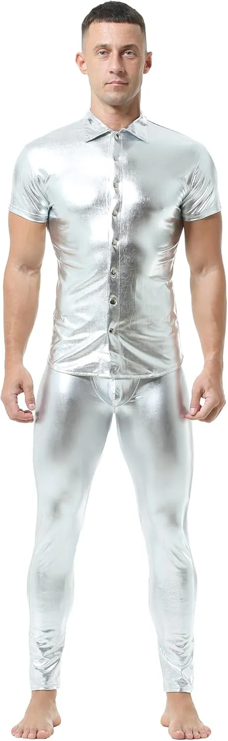 QiaTi Men's Faux Leather Undershirt Slim Fit Sleeveless Tank Top Nightclub Party Round Neck Shirts Muscle Top T-Shirts