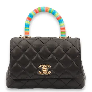 Quilted Coco Special Order Mini Black/Multicolour handle Top Handle Bag in Lambskin, Gold hardware