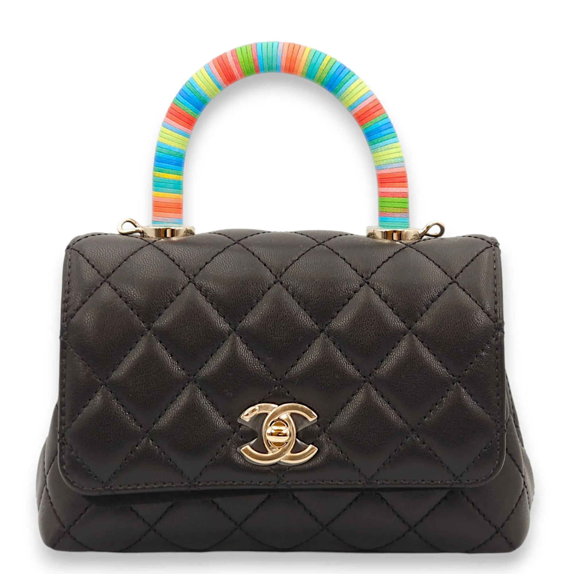 Quilted Coco Special Order Mini Black/Multicolour handle Top Handle Bag in Lambskin, Gold hardware