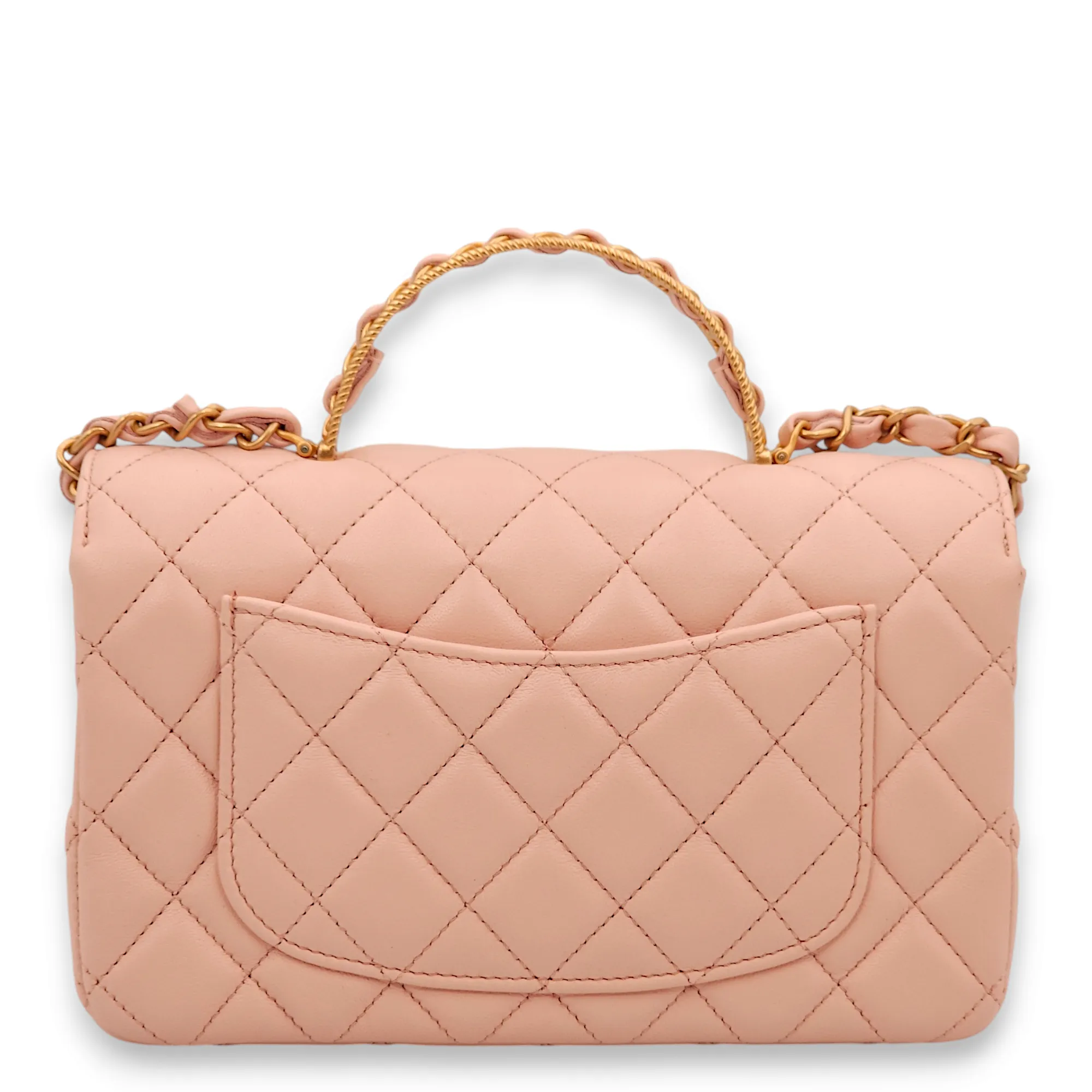 Quilted Mini Pink Top Handle Bag in Lambskin, Gold hardware
