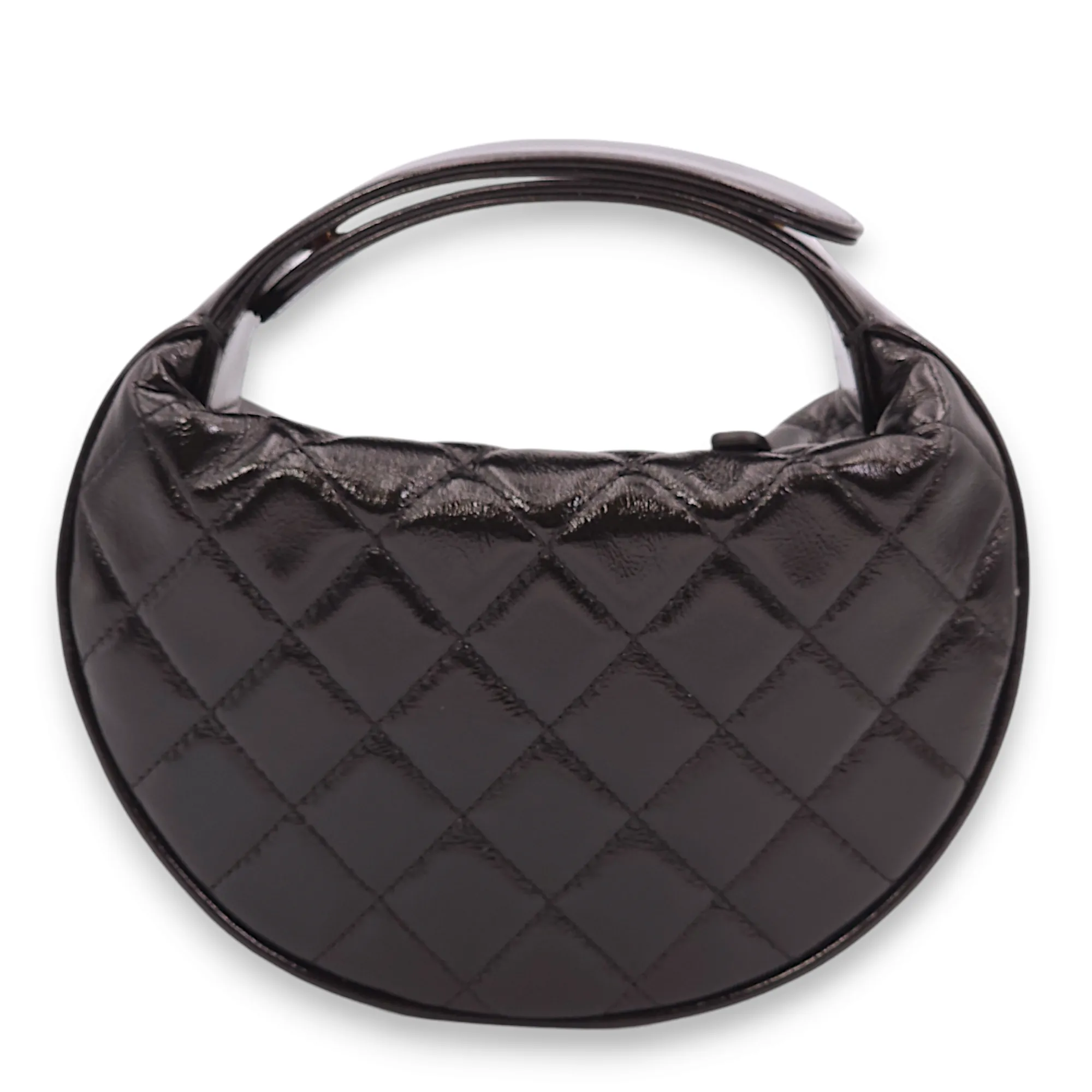 Quilted Round Mini Black Top Handle Bag in Calfskin, Gold hardware