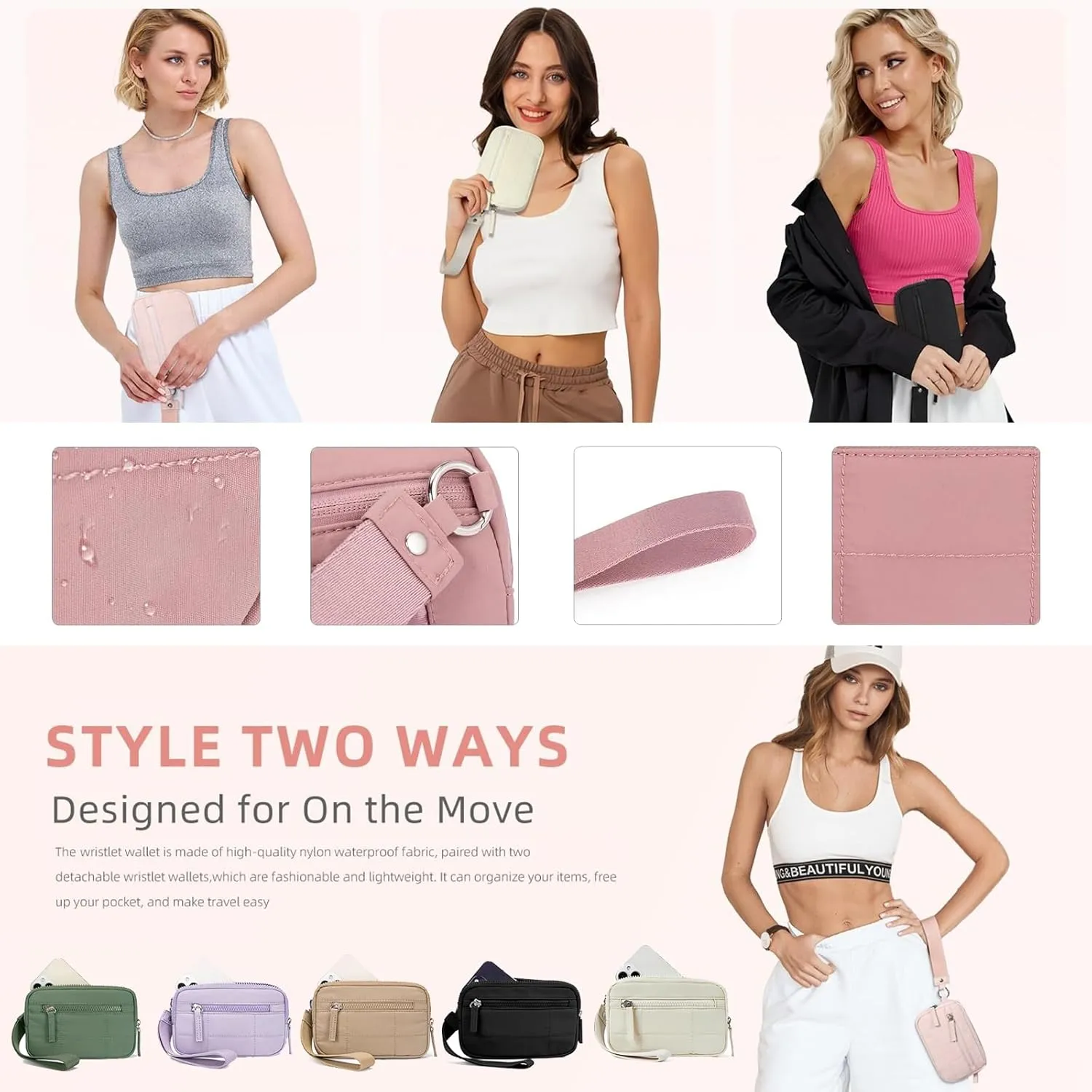 Quilted Wristlet Wallets for Women, Nylon Keychain Wallet Women Wristlet, With Three Zippers and Transparent ID Window