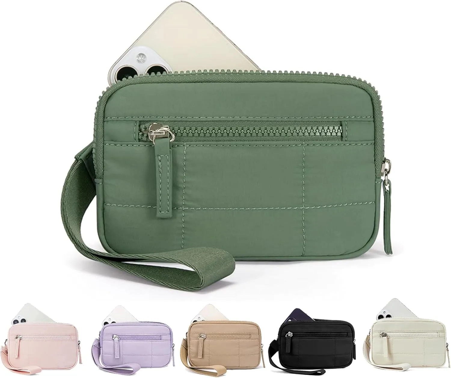 Quilted Wristlet Wallets for Women, Nylon Keychain Wallet Women Wristlet, With Three Zippers and Transparent ID Window