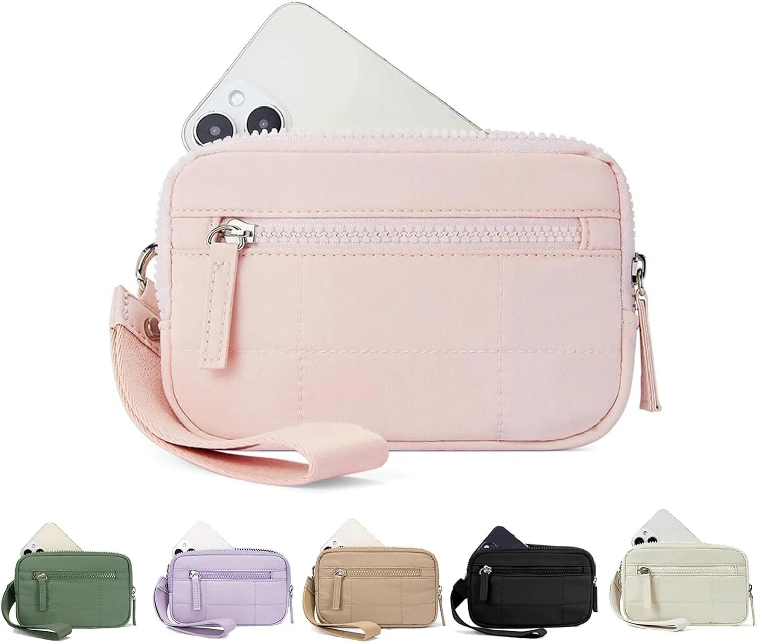 Quilted Wristlet Wallets for Women, Nylon Keychain Wallet Women Wristlet, With Three Zippers and Transparent ID Window