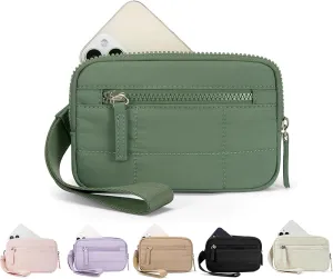 Quilted Wristlet Wallets for Women, Nylon Keychain Wallet Women Wristlet, With Three Zippers and Transparent ID Window
