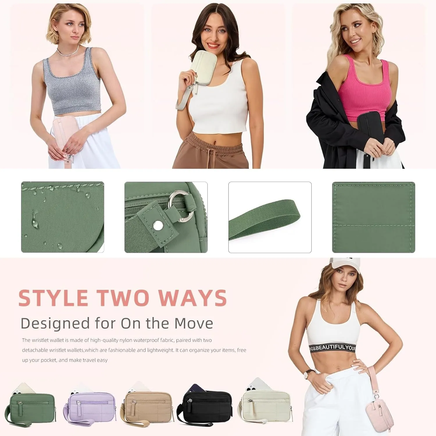 Quilted Wristlet Wallets for Women, Nylon Keychain Wallet Women Wristlet, With Three Zippers and Transparent ID Window