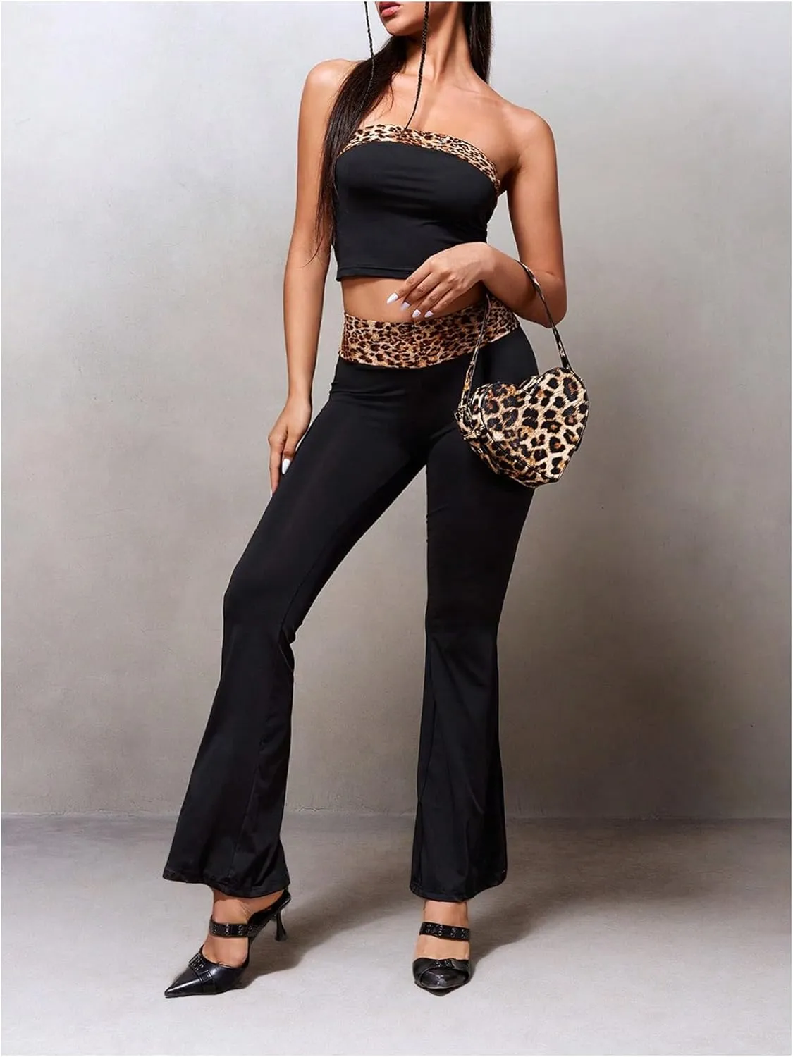 QWINEE Women's Leopard Print Top Handle Y2K Heart Shape Tote Handbag Mini Clutch Purse