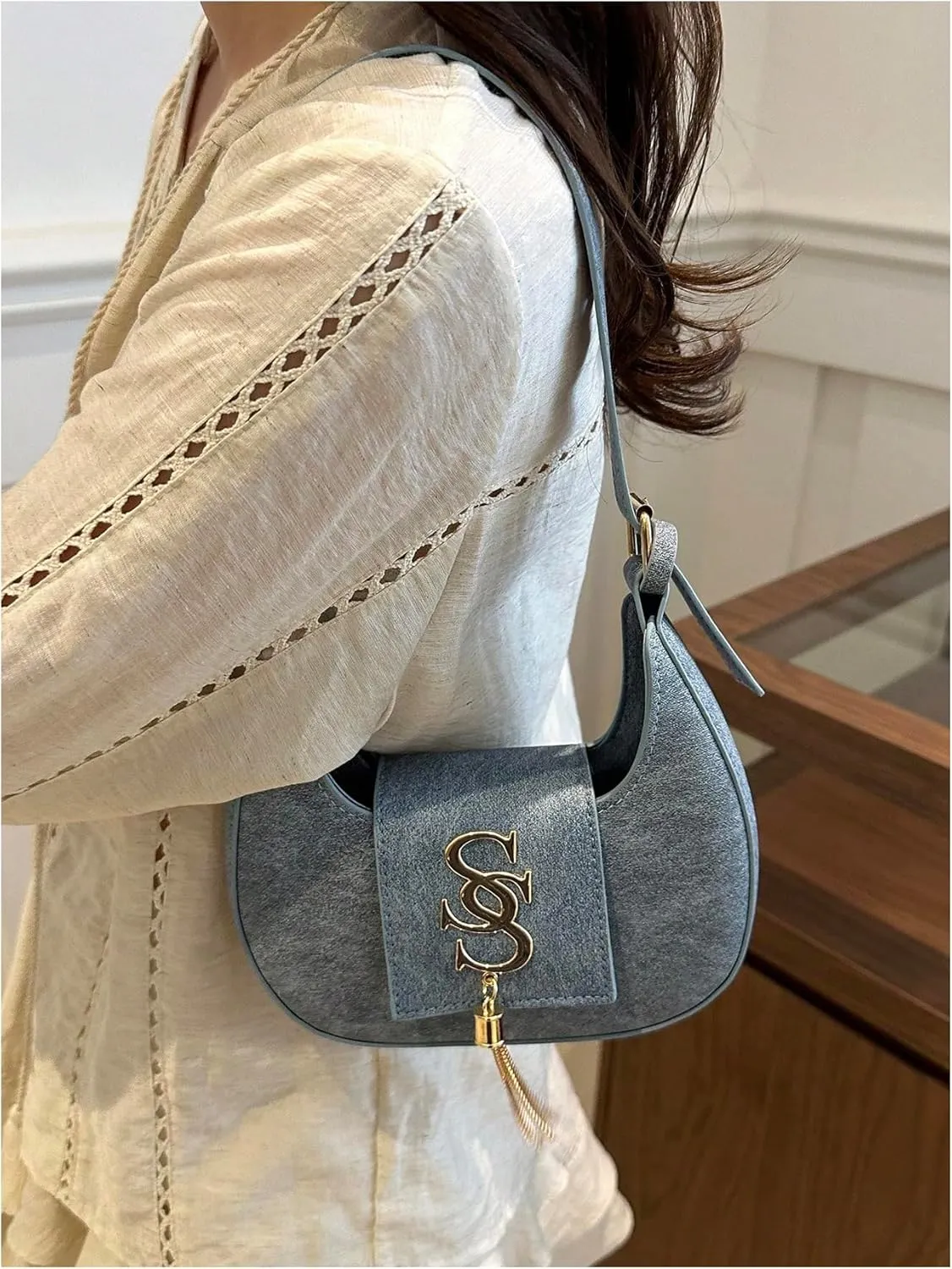 QWINEE Women's Metal Letter Decor Fringe Clutch Shoulder Bag Top Handle Flap Leather Underarm Bag Crescent Handbag