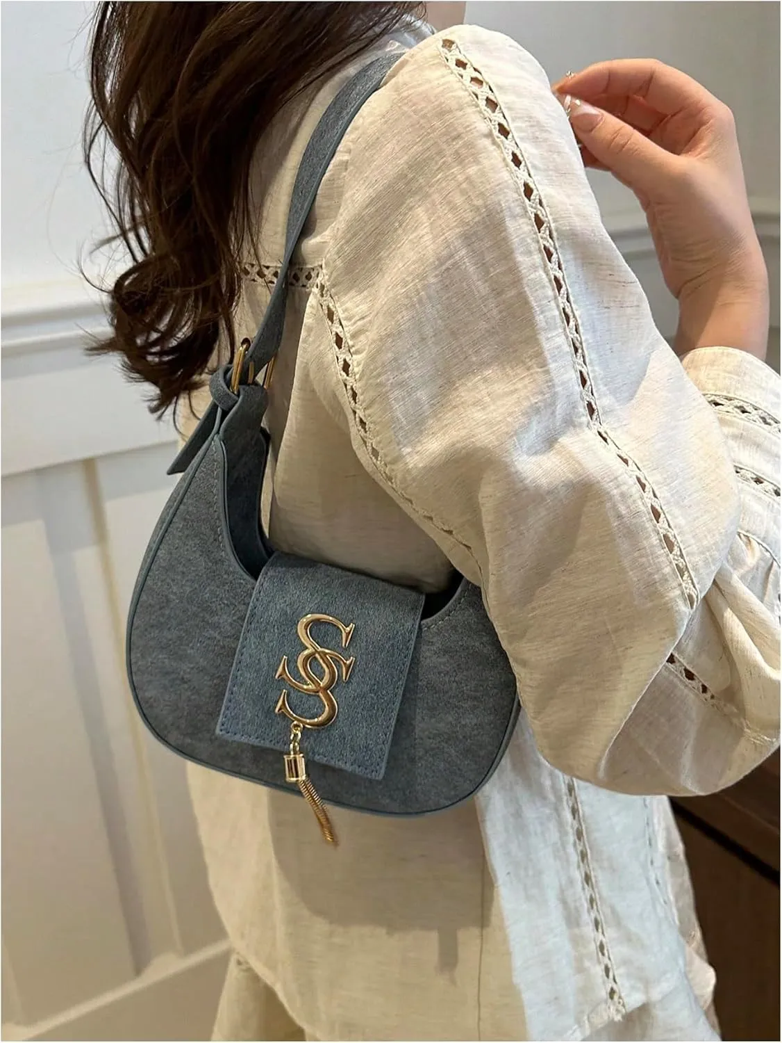 QWINEE Women's Metal Letter Decor Fringe Clutch Shoulder Bag Top Handle Flap Leather Underarm Bag Crescent Handbag