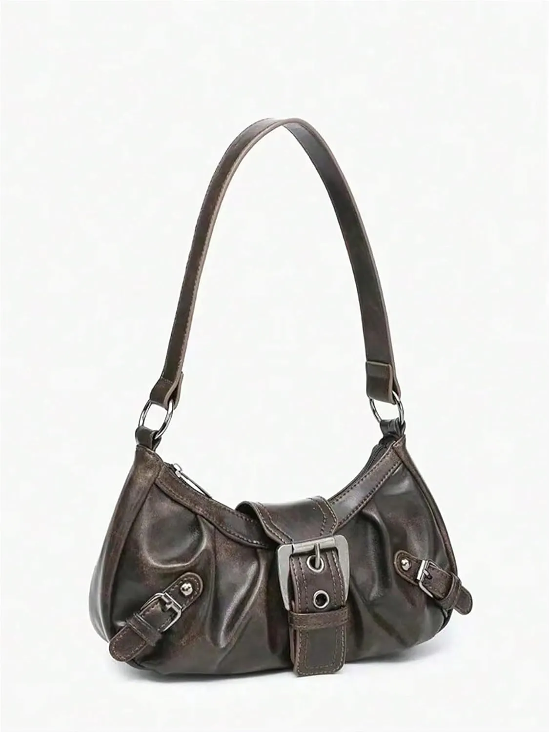 QWINEE Women's Vintage Buckle Shoulder Bag Y2K Punk PU Leather Handbag Clutch Purse