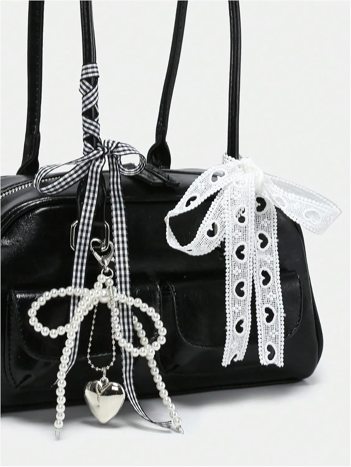 QWINEE Women's Y2K Bow Decor Shoulder Bags Zipper Top Handle Grunge Handbags PU Leather Underarm Bag
