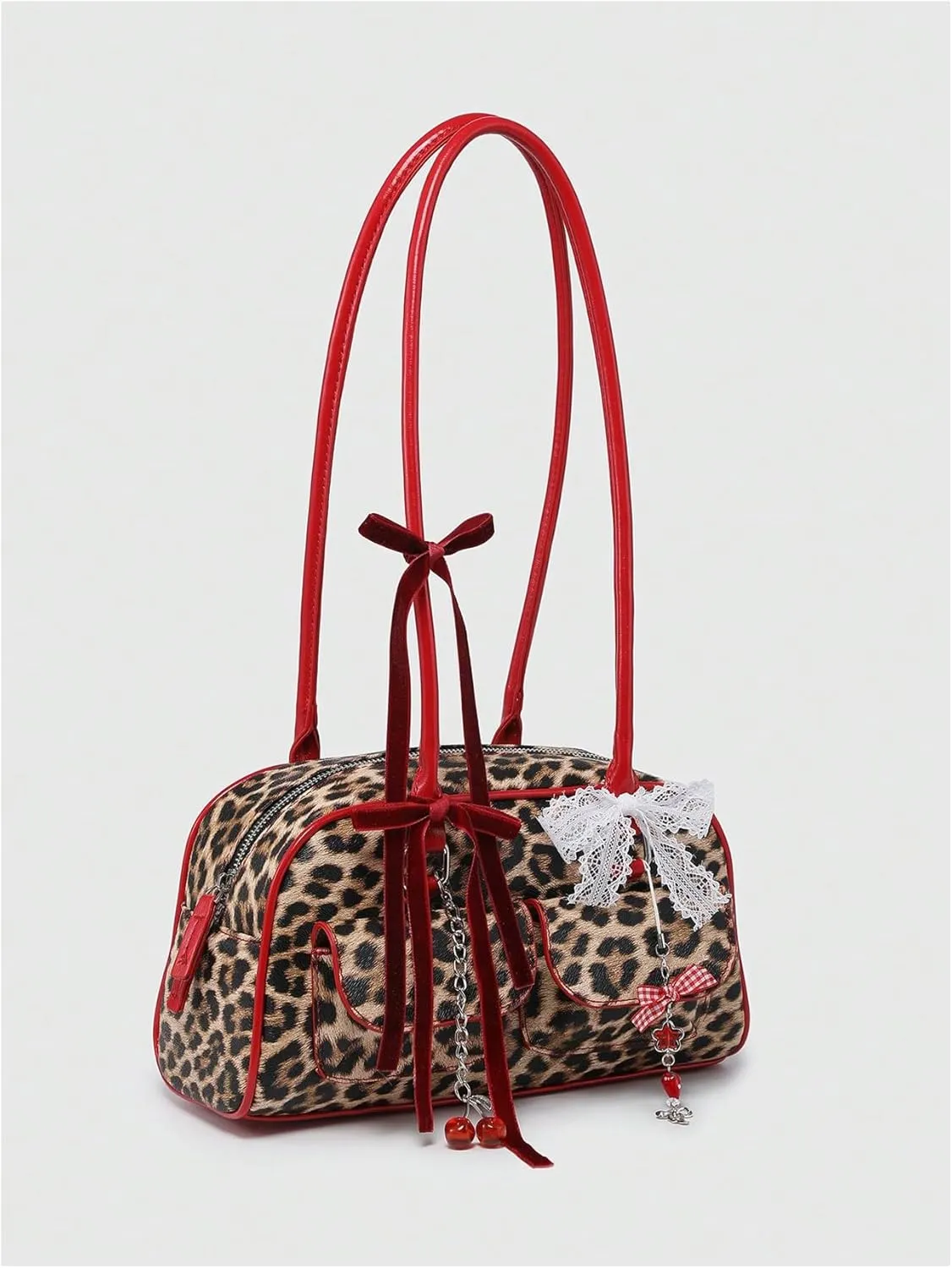 QWINEE Women's Y2K Bow Decor Shoulder Bags Zipper Top Handle Grunge Handbags PU Leather Underarm Bag
