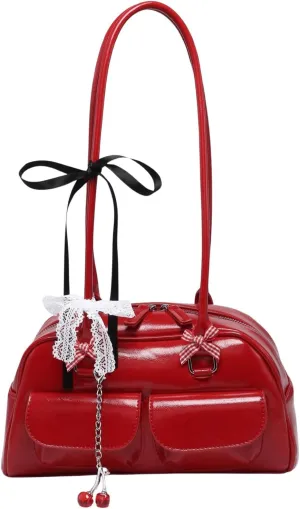 QWINEE Women's Y2K Bow Decor Shoulder Bags Zipper Top Handle Grunge Handbags PU Leather Underarm Bag