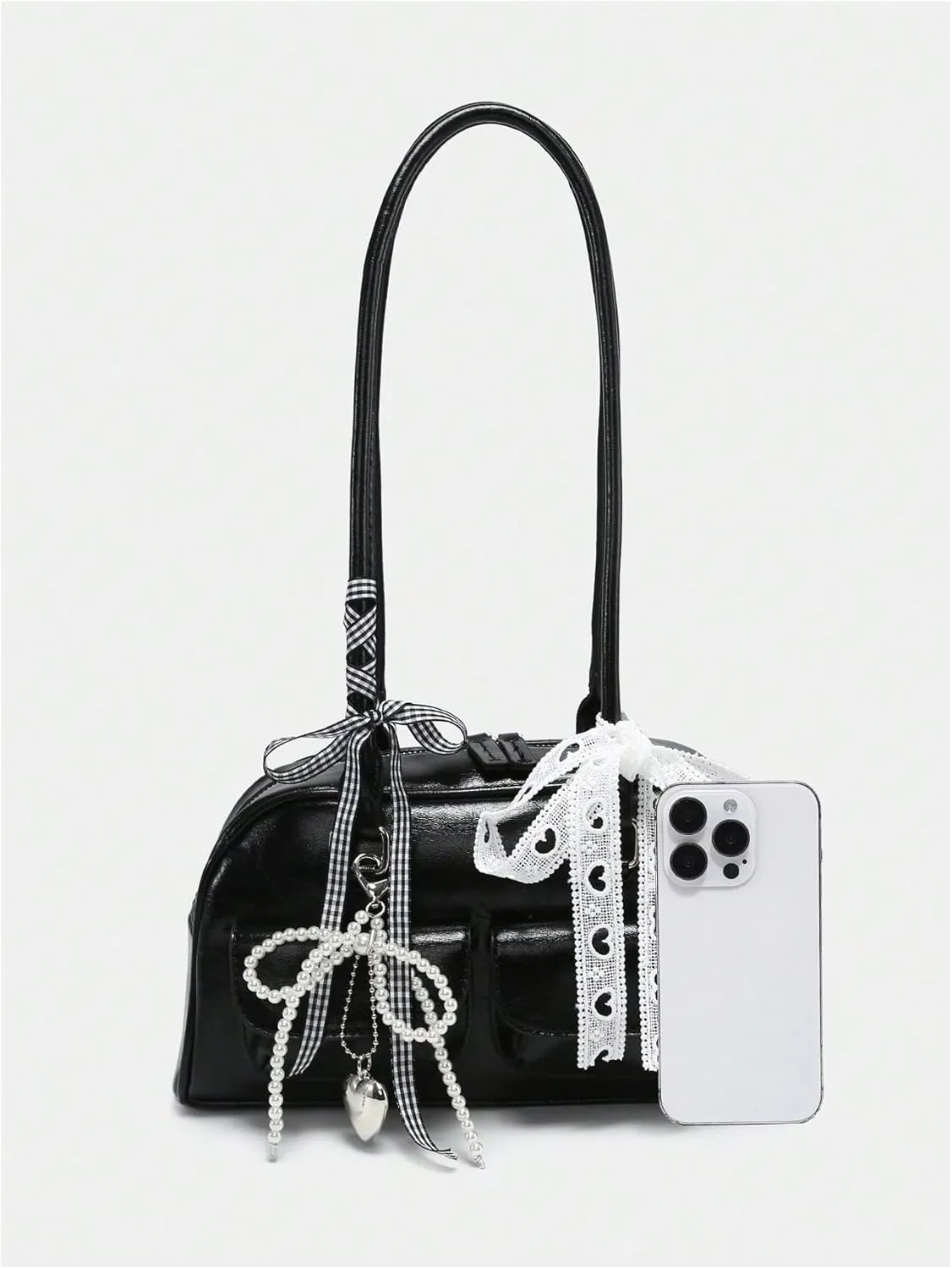 QWINEE Women's Y2K Bow Decor Shoulder Bags Zipper Top Handle Grunge Handbags PU Leather Underarm Bag