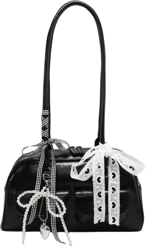 QWINEE Women's Y2K Bow Decor Shoulder Bags Zipper Top Handle Grunge Handbags PU Leather Underarm Bag