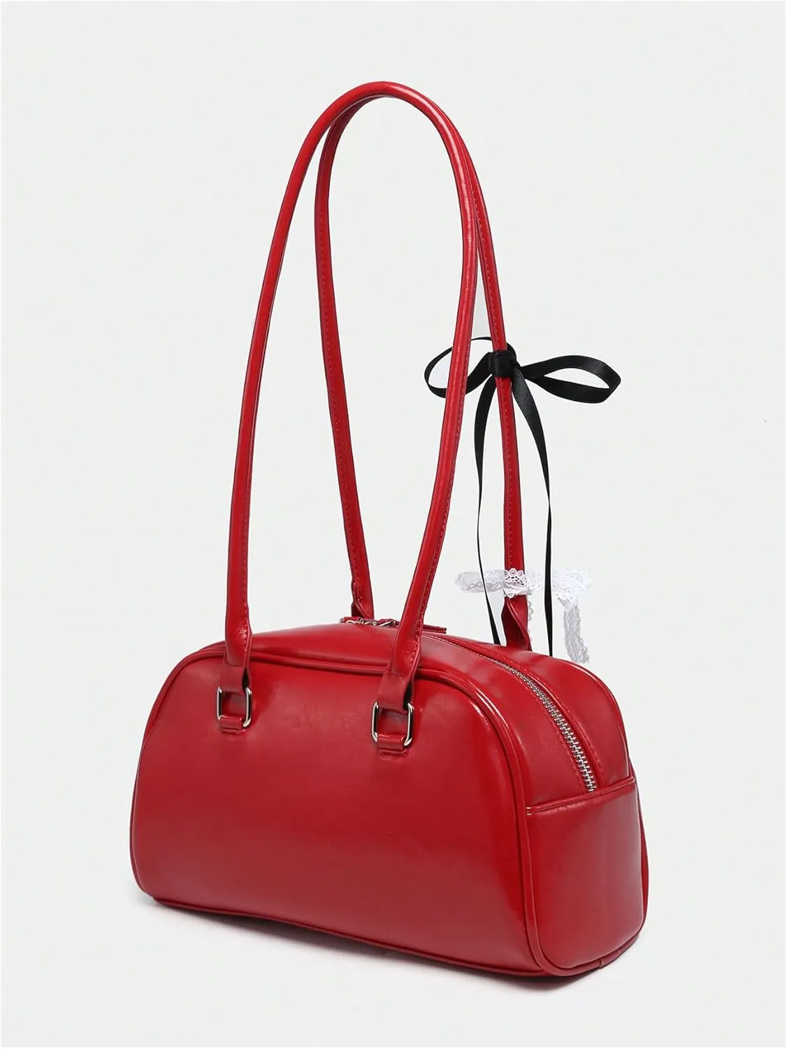QWINEE Women's Y2K Bow Decor Shoulder Bags Zipper Top Handle Grunge Handbags PU Leather Underarm Bag
