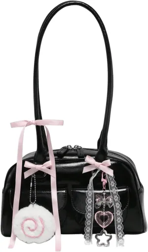 QWINEE Women's Y2K Bow Decor Shoulder Bags Zipper Top Handle Grunge Handbags PU Leather Underarm Bag