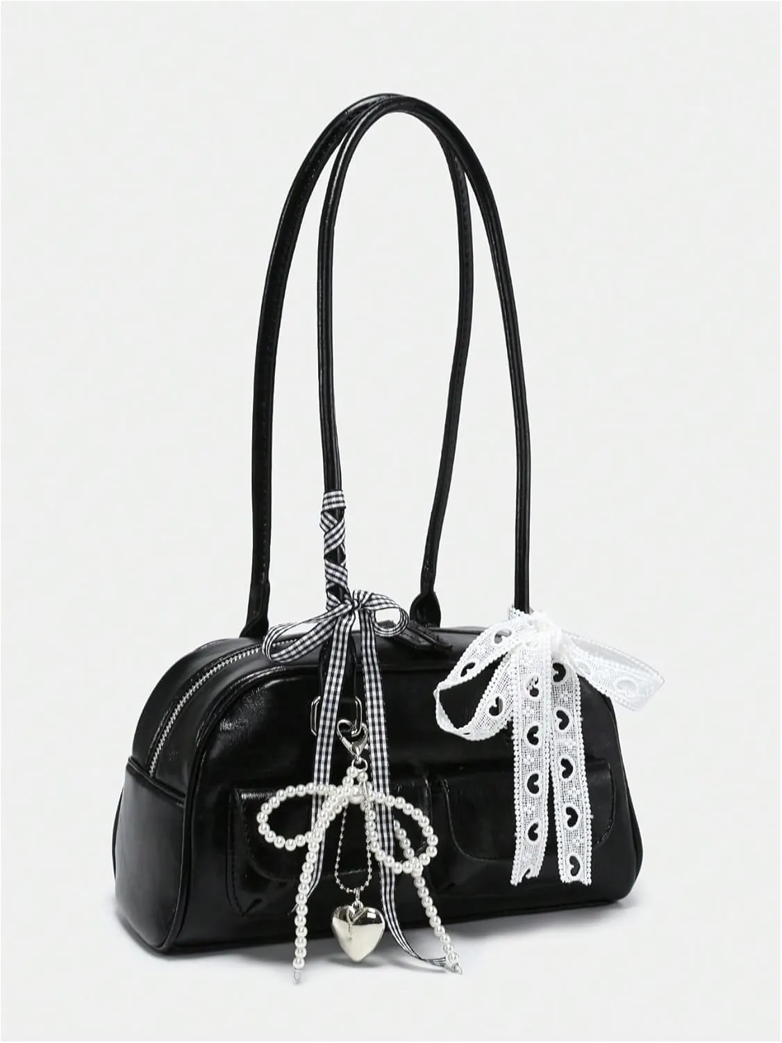 QWINEE Women's Y2K Bow Decor Shoulder Bags Zipper Top Handle Grunge Handbags PU Leather Underarm Bag