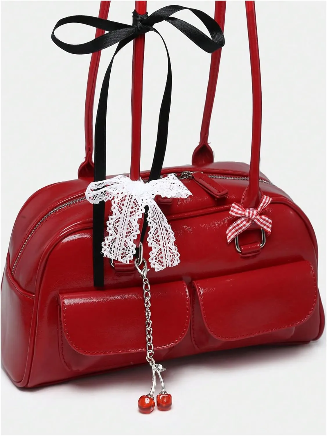 QWINEE Women's Y2K Bow Decor Shoulder Bags Zipper Top Handle Grunge Handbags PU Leather Underarm Bag